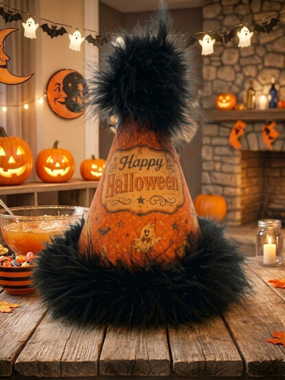 Handmade Halloween Party Hat • Vintage style Orange Cotton Fabric Black Feathers
